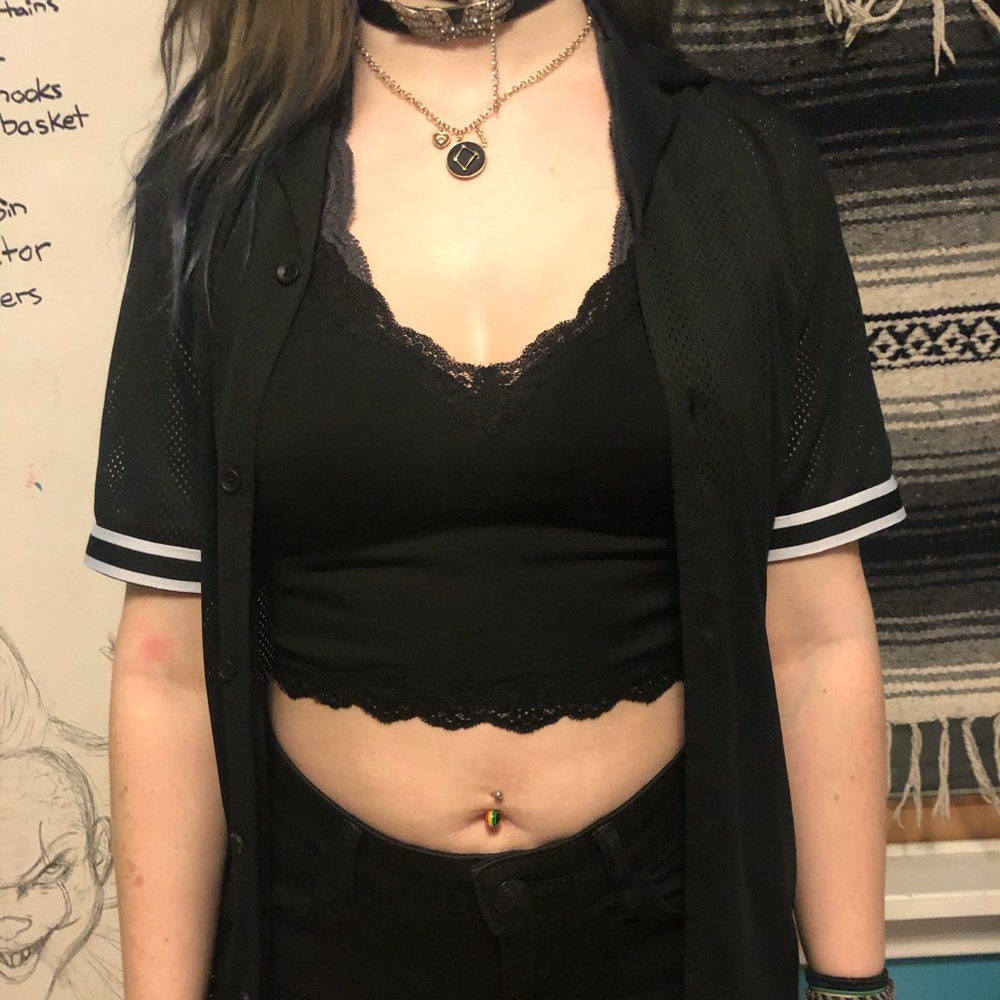 Mesh black button up